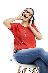 我爱音乐女孩教育耳机椅子快乐白色眼镜唱歌学生歌手图片