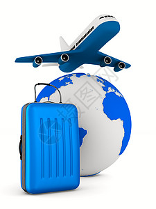 白色背景上的飞机和地球仪 孤立的 3D 图像假期运输空气手提箱公文包旅游小路航空插图全球图片