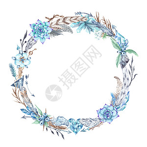 水彩博霍框架羽毛水晶花圈婚礼圆圈打印靛青花朵乡村卡片图片