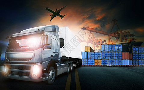 集装箱卡车 港口船只和转运货物货机的货运飞机运输飞行商业速度陆路货运服务水运加载贸易图片