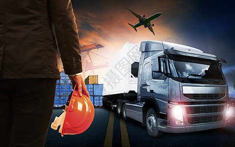 集装箱卡车 港口船只和转运货物货机的货运飞机船运进出口加载贸易商业速度货运造船航空运输送货图片
