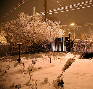 晚上在乡下大雪降 飞雪沉降房子季节场景公园别墅降雪村庄桦木天气图片