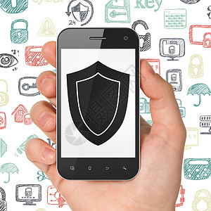 保护概念 手持有盾盾牌的智能手机展示数据政策安全草图隐私3d触摸屏手指细胞绘画图片