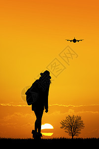 旅行的女童出港行李运输快乐冒险插图日落女士飞机背景图片
