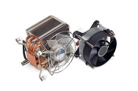 两个有粉丝的 CPU 热密槽空气电子温度技术硬件热管扇子冷却散热器计算机图片