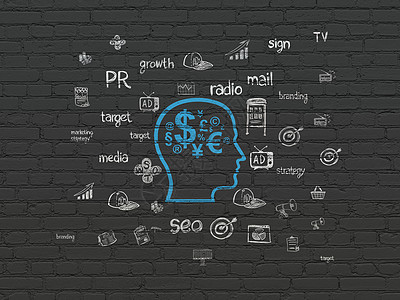 广告概念头与金融符号在墙上背景伙伴思考市场货币领导者头脑营销战略蓝色草图图片