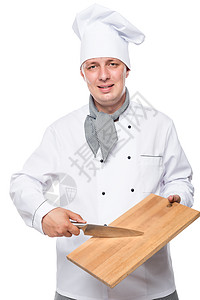 成功的男厨师 刀具和剪切板与孤立的波特拉高清图片