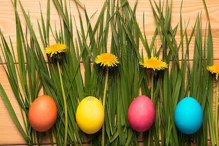 木板上的春草和复活节鸡蛋图片