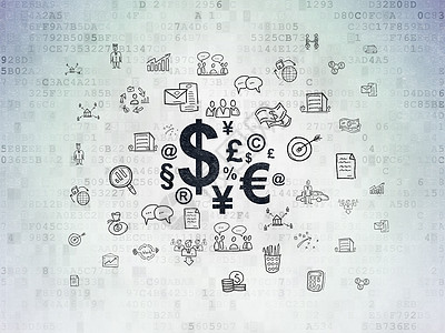 钱币图标数字数据纸背景上的商业概念财务符号团队成功投资货币电脑品牌金融战略草图项目背景