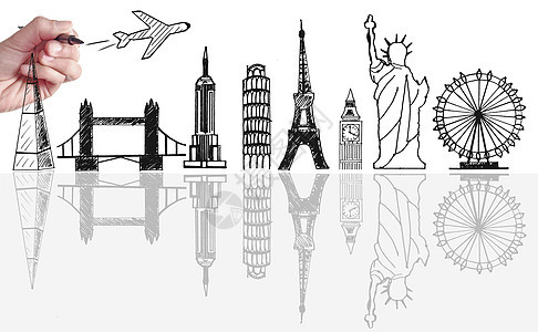 全球旅行全球旅游旅游地标的天线草图绘画飞机天际假期大本钟背景图片