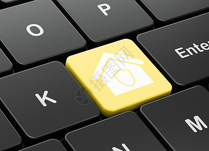 电脑键盘背景上的商业概念首页房子公司按钮黄色3d成功白色安全伙伴保卫图片