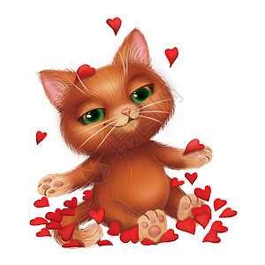 手绘花瓣爱在红玫瑰金条中的爱 中可爱的微笑猫咪——手工拖动卡通字符背景