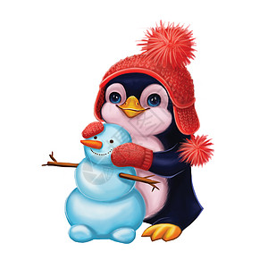 手绘动物企鹅圣诞快乐和新年快乐 与微笑的企鹅一起向季节致意背景