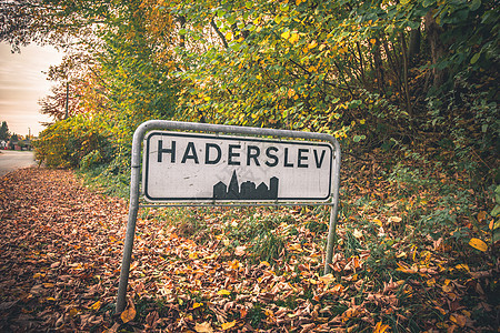 哈登斯列夫市标志 在丹麦的一条路旁盘子木板社区招牌金属街道交通邮政路标城市图片
