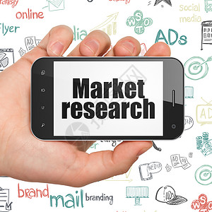 广告概念手持智能手机与市场研究显示图片