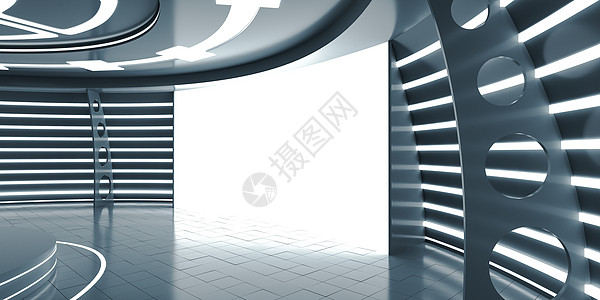 具有发光窗格的抽象未来派内饰房子大厅天花板建筑学3d陈列室渲染图表房间广告牌图片