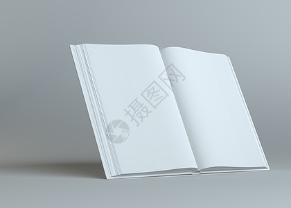 灰色背景上的白空打开书图书馆日记精装书空白3d小册子教育出版物教科书杂志背景图片