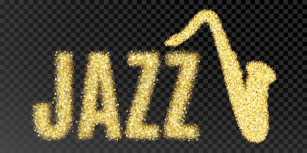 金色亮片铭文爵士乐和萨克斯管 黑色透明背景上的金色 sparcle 字爵士乐 琥珀颗粒金色五彩纸屑图片