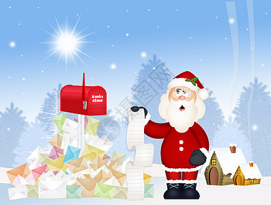 有圣诞信件的圣诞老人庆典老人邮箱愿望礼物邮件邮政插图清单卡通片背景图片