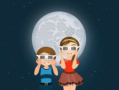 月亮女孩孩子们用3个墨镜看日食男生卡通片地球宇宙活动天文学星星太阳辉光科学背景