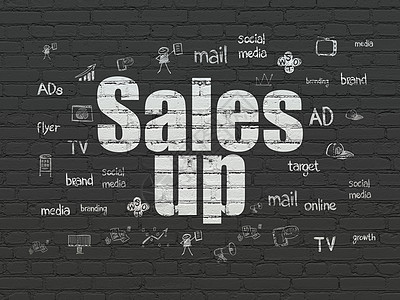 营销理念 Sales Up 在背景墙上草图公关市场战略绘画创造力黑色活动白色产品图片