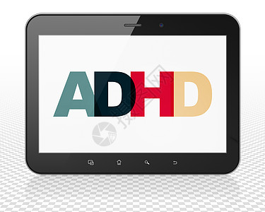 移动pc医学概念 Tablet Pc 计算机与 ADHD 上显示背景
