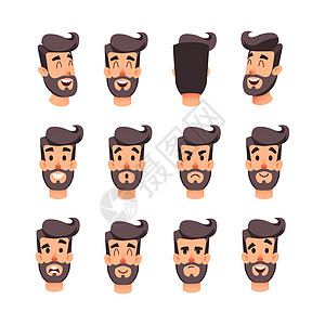 男人的头有不同的情绪 卡通男性面孔字符集 游戏或动画的面部情绪 背面 正面 侧头 一个有着不同表情的年轻人的化身图片