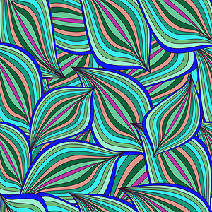 配有无缝热带模式的夏季海报绘画海浪森林波浪海滩漩涡植物条纹水彩叶子图片