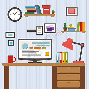 现代办公室内部设计师桌面平板显示带有界面图标元素的设计应用程序 其风格和颜色最微小的面观 )图片
