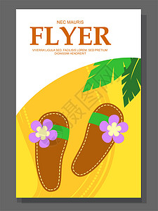 沙滩鞋在沙质背景上的传单 靠近手掌的拖鞋支撑标语卡片热带时间旅行横幅明信片艺术太阳图片