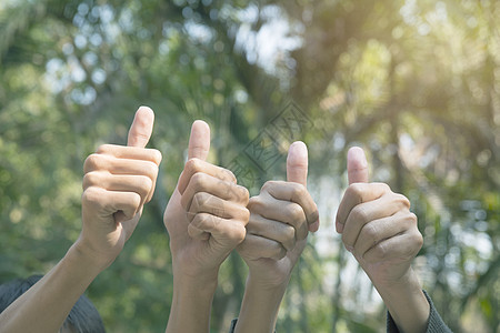 人手握着人的手 展示了在自然界的复古上大摇大摆的姿态女孩幸福快乐女士团队学生拇指商业成人手势图片