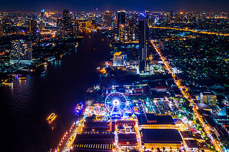 曼谷市风景在泰国的夜间公园地标热带街道建筑学港口摩天轮旅行购物游客图片