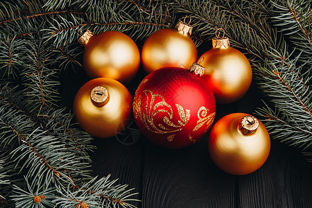 圣诞或新年玩具装饰金球和毛皮树枝质朴的木质背景顶视图复制空间闪光金子新年框架问候语木头季节庆典松树玩具图片