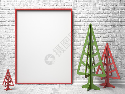 模拟红色帆布框架和圣诞树  3个海报风格地面插图问候语木板小样装饰嘲笑庆典图片