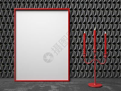 黑色三角堡上的白图片框和红烛台框架假期木板插图装饰蜡烛火焰庆典地面帆布图片