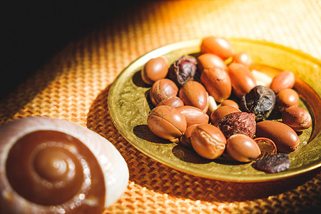 盘子上的摩洛哥坚果种子 — 摩洛哥坚果是一种抗氧化剂 用于为皮肤生产油图片