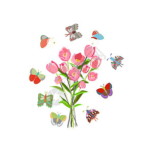 一束粉色郁金香和蝴蝶插画手绘打印白色植物学插图草本草本植物圆圈植物横幅图片