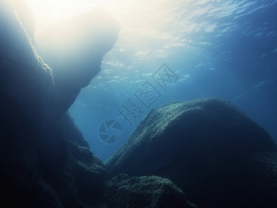 由太阳轻轻照亮的岩石海床背景潜水海景海洋阳光射线地面光束水族馆风景冒险图片