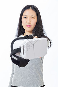 通过3D护目镜的少女孩子头发女孩眼镜白色虚拟现实工作室技术乐趣娱乐图片