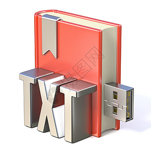 eBook 图标金属 TXT 红书 USB 3D阅读红色读者闪光图书馆格式记忆棒学习3d插图图片