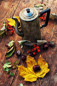 秋秋茶乡村季节杯子树叶饮料叶子咖啡木板木头窗户图片