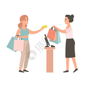 女出纳员向买方购买卡片礼物购物者钱箱店铺女士金子信用消费者现金图片