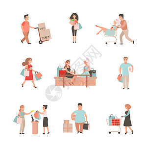 购物插图 男男女女用包 马车 卡通在商场购买性格用品男人女孩大车折扣市场人群店铺产品食物礼物图片