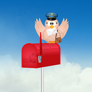 邮箱上的鸟类邮递员明信片快乐出货量鸽子邮件邮政信封插图翅膀帽子图片