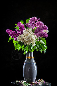 黑色背景的花瓶里有花粉桌子季节花瓣植物群艺术紫色杯子装饰木头礼物图片