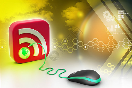 带有 RSS 图标的电脑鼠标通讯机动性渠道宣传网站网络互联网技术按钮博客图片