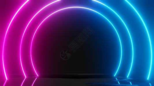 黑暗背景上发光的霓虹灯圈门户网站蓝色戒指科学展示照明光谱技术虚拟现实反射图片
