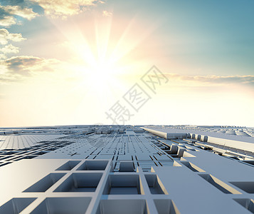 一艘太空飞船的抽象未来主义表面与剧烈的 sunris建造业盒子立方体几何学建筑学科学太阳日光商业天空图片