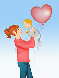 拿着气球母亲母亲和婴儿庆典快乐气球明信片孩子奶嘴妈妈女孩插图儿子背景