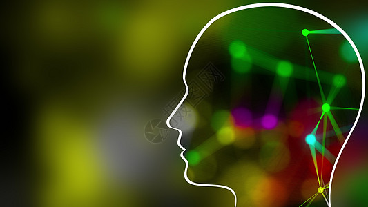 在绿色计算机生成的 background3d 渲染中 由头部内部的点连接的细直线网格脖子男人鼻子线条科学智力多边形网络电路辉光图片